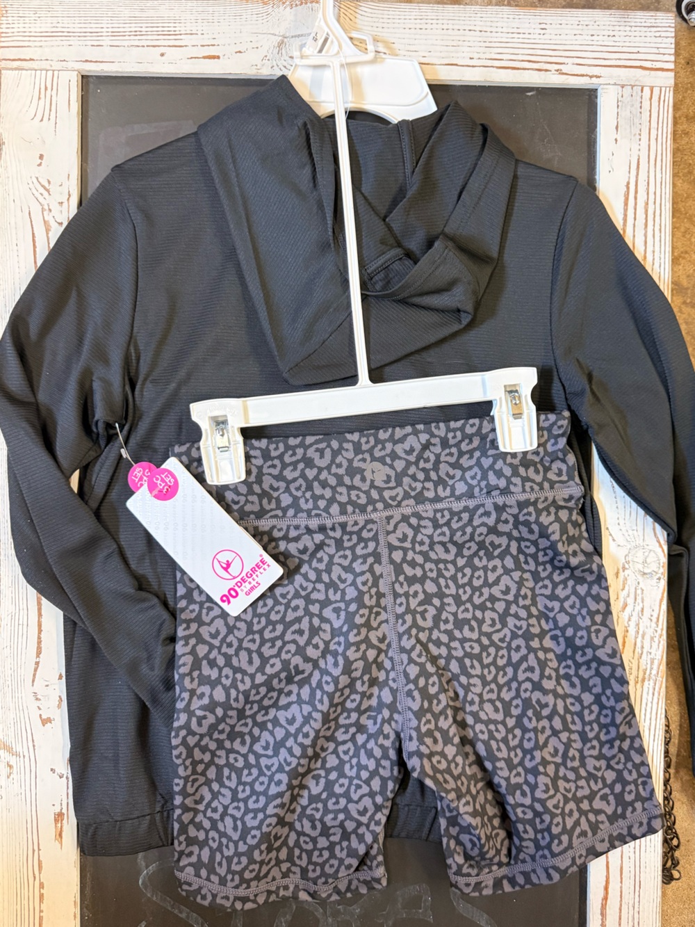 90 Degree By Reflex Girls Black Top with Gray Leopard Print Shorts